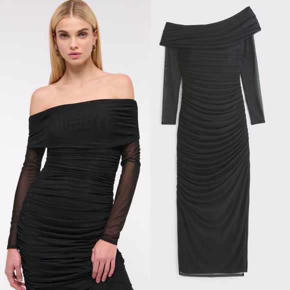 Long-Sleeve Mesh Asymmetrical Draped Maxi Dress - Picture 2 of 2